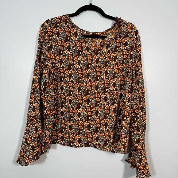 NWT ASOS Y.A.S. Olima floral print flared sleeve top in brown peplum sleeve M - Picture 5 of 11